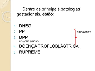 Dentre as principais patologias 
gestacionais, estão: 
1. DHEG 
2. PP SINDROMES 
3. DPP 
HEMORRAGICAS 
4. DOENÇA TROFLOBLÁSTRICA 
5. RUPREME 
 