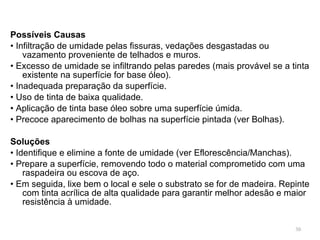 Possíveis Causas •  Infiltração de umidade pelas fissuras, vedações desgastadas ou vazamento proveniente de telhados e muros. •  Excesso de umidade se infiltrando pelas paredes (mais provável se a tinta existente na superfície for base óleo). •  Inadequada preparação da superfície. •  Uso de tinta de baixa qualidade. •  Aplicação de tinta base óleo sobre uma superfície úmida. •  Precoce aparecimento de bolhas na superfície pintada (ver Bolhas).    Soluções •  Identifique e elimine a fonte de umidade (ver Eflorescência/Manchas). •  Prepare a superfície, removendo todo o material comprometido com uma raspadeira ou escova de aço.  •  Em seguida, lixe bem o local e sele o substrato se for de madeira. Repinte com tinta acrílica de alta qualidade para garantir melhor adesão e maior resistência à umidade. 