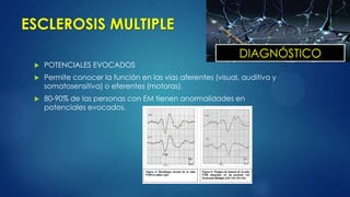 ESCLEROSIS MULTIPLE
 POTENCIALES EVOCADOS
 Permite conocer la función en las vías aferentes (visual, auditiva y
somatosensitiva) o eferentes (motoras).
 80-90% de las personas con EM tienen anormalidades en
potenciales evocados.
DIAGNÓSTICO
 