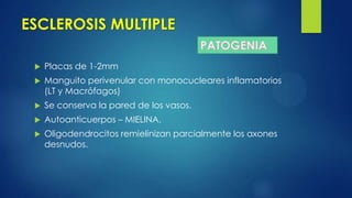 ESCLEROSIS MULTIPLE
 Placas de 1-2mm
 Manguito perivenular con monocucleares inflamatorios
(LT y Macrófagos)
 Se conserva la pared de los vasos.
 Autoanticuerpos – MIELINA.
 Oligodendrocitos remielinizan parcialmente los axones
desnudos.
 