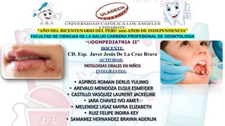 “AÑO DEL BICENTENARIO DEL PERU 200 AÑOS DE INDEPENDENCIA”
FACULTAD DE CIENCIAS DE LA SALUD CARRERA PROFESIONAL DE ODONTOLOGIA
“ODONPEDIATRIA II”
DOCENTE:
CD. Esp. Juver Jesús De La Cruz Bravo
ACTIVIDAD:
INTEGRANTES:
 