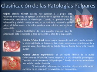 Pulpitis Crónica Parcial: cuando hay agresión a la pulpa, esta
responde eliminando al agresor. Al eliminarse el agente irritante, la
inflamación desaparece o disminuye. Cuando la gravedad de la
inflamación y el daño tisular es alto, no es posible la reparación de la
pulpa; el daño severo a la pulpa produce una pulpitis que se torna
irreversible.
           El cuadro histológico de esta pulpitis muestra que la
inflamación esta restringida al área adyacente al sitio de la exposición.

                    Pulpitis Crónica Total: tiene mayor tiempo de evolución que la anterior,
                    la sintomatología es duradera, las células degeneran completamente y
                    algunas veces hay deposito de tejido fibroso. Puede llevar a la muerte
                    pulpar.

                    Pulpitis Crónica Hiperplasica: es un tejido fibroso de la pulpa
                    crónicamente inflamada, como respuesta a una irritación prolongada.
                    También se conoce como “Pólipo Pulpar”. Puede ulcerarse y extenderse
                    fuera de la cavidad dentaria.
                              Si los canales radiculares no muestran signos de inflamación
                    excesiva, no es necesario removerlos en el tratamiento
 