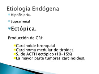  Hipofisiaria.

 Suprarrenal


Ectópica.

Producción de CRH
   Carcinoide bronquial
   Carcinoma medular de tiroides
   S. de ACTH ectópico (10-15%)
   La mayor parte tumores carcinoides!.
 