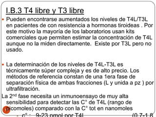 I.B.3 T4 libre y T3 libre
12
 Pueden encontrarse aumentados los niveles de T4L/T3L
en pacientes de con resistencia a hormonas tiroideas . Por
este motivo la mayoría de los laboratorios usan kits
comerciales que permiten estimar la concentración de T4L
aunque no la miden directamente. Existe por T3L pero no
usado.
 La determinación de los niveles de T4L-T3L es
técnicamente súper compleja y es de alto precio. Los
métodos de referencia constan de una 1era fase de
separación física de ambas fracciones (L y unida a pz ) por
ultrafiltración.
La 2nd fase necesita un inmunoensayo de muy alta
sensibilidad para detectar las C° de T4L (rango de
picomoles) comparado con la C° tot en nanomoles
 