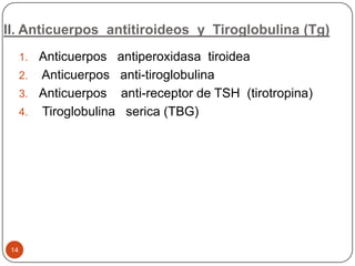 II. Anticuerpos antitiroideos y Tiroglobulina (Tg)
14
1. Anticuerpos antiperoxidasa tiroidea
2. Anticuerpos anti-tiroglobulina
3. Anticuerpos anti-receptor de TSH (tirotropina)
4. Tiroglobulina serica (TBG)
 