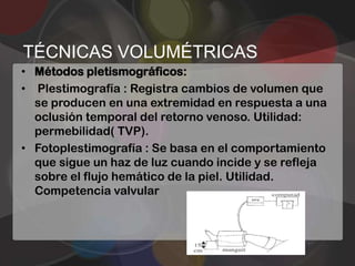 TÉCNICAS VOLUMÉTRICAS
• Métodos pletismográficos:
• Plestimografía : Registra cambios de volumen que
  se producen en una extremidad en respuesta a una
  oclusión temporal del retorno venoso. Utilidad:
  permebilidad( TVP).
• Fotoplestimografía : Se basa en el comportamiento
  que sigue un haz de luz cuando incide y se refleja
  sobre el flujo hemático de la piel. Utilidad.
  Competencia valvular
 