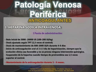 1. HEPARINA SODICA INTRAVENOSA:
                             I Pauta de administración:

- Bolo inicial de 5000 -20000 UI (100-200 UI/kg)
- Dosis ajustada según TPT (1,5 veces el control)
- Dosis de mantenimiento de 600-2000 UI/h durante 4-6 días
- Inicio de anticoagulación oral al 2 ó 3 día de heparinización, siempre que la
  evolución clínica sea favorable y no se prevea ninguna intervención quirúrgica.
- Suspensión de la heparina cuando tiempo de protrombina sea 1,5 veces
  superior al control.

- Mantenimiento de la anticoagulación durante 3 - 6 meses.


                         Harrison Principios de Medicina Interna. 17a edición. Volumen II
                       Guía de especialidades Farmacéuticas . XXX Edición. Año 2007/2008
 