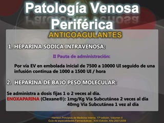 1. HEPARINA SODICA INTRAVENOSA:
                     II Pauta de administración:

   Por vía EV en embolada inicial de 7500 a 10000 UI seguido de una
   infusión continua de 1000 a 1500 UI / hora

2. HEPARINA DE BAJO PESO MOLECULAR:
Se administra a dosis fijas 1 o 2 veces al día.
ENOXAPARINA (Clexane®): 1mg/Kg Vía Subcutánea 2 veces al día
                              40mg Vía Subcutánea 1 vez al día

                    Harrison Principios de Medicina Interna. 17a edición. Volumen II
                  Guía de especialidades Farmacéuticas . XXX Edición. Año 2007/2008
 