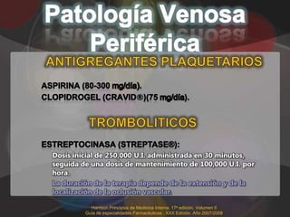 ®




Dosis inicial de 250,000 U.I. administrada en 30 minutos,
seguida de una dosis de mantenimiento de 100,000 U.I. por
hora.
La duración de la terapia depende de la extensión y de la
localización de la oclusión vascular.

           Harrison Principios de Medicina Interna. 17a edición. Volumen II
         Guía de especialidades Farmacéuticas . XXX Edición. Año 2007/2008
 