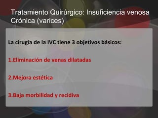 Tratamiento Quirúrgico: Insuficiencia venosa
 Crónica (varices)


La cirugía de la IVC tiene 3 objetivos básicos:

1.Eliminación de venas dilatadas

2.Mejora estética

3.Baja morbilidad y recidiva
 
