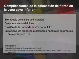 Complicaciones de la colocación de filtros en
la vena cava inferior


Trombosis en el sitio de inserción
Desplazamiento del filtro
Erosión de la pared de la VCI por el filtro
La recidiva de embolias pulmonares no fatales se produce
  entre el 5 y el 15 %.



Bibliografia:
Publicado Rev Chilena de Cirugía 1993; 45(3): 294-5
Vascular Surgery. SIXTH EDITION. Robert B. Rutherford MD, FACS, FRCS (Glasg.) ELSEVIER
    SAUNDERS
Schwartz. Principios de cirugia 8va edicion. Editorial Graw Hill
 