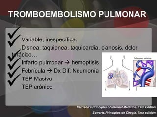 TROMBOEMBOLISMO PULMONAR


   Variable, inespecífica.
    Disnea, taquipnea, taquicardia, cianosis, dolor


torácico…

   Infarto pulmonar  hemoptisis



    Febrícula  Dx Dif. Neumonía
    TEP Masivo
    TEP crónico


                          Harrison’s Principles of Internal Medicine. 17th Edition
                                     Scwartz. Principios de Cirugía. 7ma edición
 