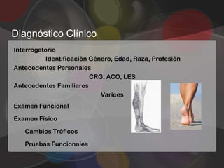 Diagnóstico Clínico
Interrogatorio
          Identificación Género, Edad, Raza, Profesión
Antecedentes Personales
                         CRG, ACO, LES
Antecedentes Familiares
                            Varices
Examen Funcional

Examen Físico

   Cambios Tróficos

   Pruebas Funcionales
 