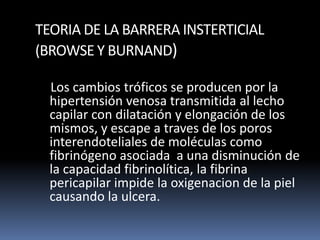 TEORIA DE LA BARRERA INSTERTICIAL
(BROWSE Y BURNAND)
Los cambios tróficos se producen por la
hipertensión venosa transmitida al lecho
capilar con dilatación y elongación de los
mismos, y escape a traves de los poros
interendoteliales de moléculas como
fibrinógeno asociada a una disminución de
la capacidad fibrinolítica, la fibrina
pericapilar impide la oxigenacion de la piel
causando la ulcera.
 