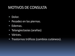 MOTIVOS DE CONSULTA
• Dolor.
• Pesadez en las piernas.
• Edemas.
• Telangiectasias (arañas)
• Várices.
• Trastornos tróficos (cambios cutáneos).
 