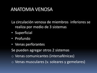 ANATOMIA VENOSA
La circulación venosa de miembros inferiores se
realiza por medio de 3 sistemas
• Superficial
• Profundo
• Venas perforantes
Se pueden agregar otros 2 sistemas
o Venas comunicantes (intersafénicas)
o Venas musculares (v. soleares y gemelares)
 