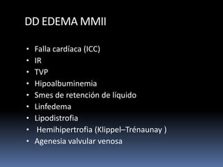 DD EDEMA MMII
• Falla cardíaca (ICC)
• IR
• TVP
• Hipoalbuminemia
• Smes de retención de líquido
• Linfedema
• Lipodistrofia
• Hemihipertrofia (Klippel–Trénaunay )
• Agenesia valvular venosa
 