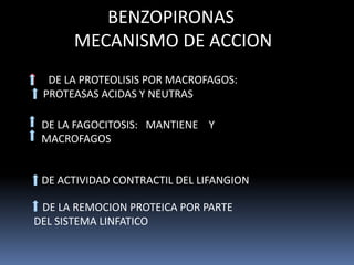 DE LA REMOCION PROTEICA POR PARTE
DEL SISTEMA LINFATICO
DE LA FAGOCITOSIS: MANTIENE Y
MACROFAGOS
DE LA PROTEOLISIS POR MACROFAGOS:
PROTEASAS ACIDAS Y NEUTRAS
DE ACTIVIDAD CONTRACTIL DEL LIFANGION
BENZOPIRONAS
MECANISMO DE ACCION
 