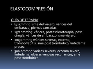 ELASTOCOMPRESIÓN
GUÍA DETERAPIA
• 8/15mmhg: sme del viajero, várices del
embarazo, piernas cansadas.
• 15/20mmhg: várices, postescleroterapia, post
cirugía, várices de embarazo, sme viajero.
• 20/30mmhg :várices severas, eccema,
tromboflebitis, sme post trombótico, linfedema
precoz.
• 30/40mmhg:várices severas, eccema severo,
linfedema, úlceras venosas recurrentes, sme
post trombótico.
 