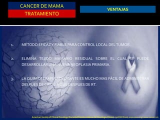 CANCER DE MAMA
TRATAMIENTO
VENTAJAS
1. MÉTODO EFICAZY FIABLE PARA CONTROL LOCAL DELTUMOR.
2. ELIMINA TEJIDO MAMARIO RESIDUAL SOBRE EL CUAL SE PUEDE
DESARROLLARUNA NUEVA NEOPLASIA PRIMARIA.
3. LA QUIMIOTERAPIA ADYUVANTE ES MUCHO MAS FÁCIL DE ADMINISTRAR
DESPUÉS DE CIRUGÍA QUE DESPUES DE RT.
American Society of Clinical Oncology (Sociedad Estadounidense de Oncología Clínica) 2318 Mill Road, www.asco.org | www.cancer.net.
 