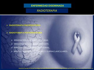 ENFERMEDAD DISEMINADA
RADIOTERAPIA
 RADIOTERAPIA PREOPERATORIA
 RADIOTERAPIA POSTOPERATORIA
 IRRADIACION A LA PARED DELTORAX.
 IRRADIACION DE LA MAMA RESTANTE.
 IRRADIACION DE AREA PARAESTERNAL.
 IRRADIACION DE AREAS AXILARESY SUPRACLAVICULARES-
American Society of Clinical Oncology (Sociedad Estadounidense de Oncología Clínica) 2318 Mill Road, www.asco.org | www.cancer.net.
 
