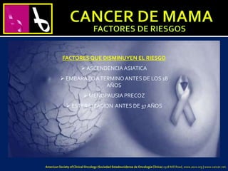 FACTORES QUE DISMINUYEN EL RIESGO
 ASCENDENCIAASIATICA
 EMBARAZOATERMINOANTES DE LOS 18
AÑOS
 MENOPAUSIA PRECOZ
 ESTERILIZACION ANTES DE 37 AÑOS
American Society of Clinical Oncology (Sociedad Estadounidense de Oncología Clínica) 2318 Mill Road, www.asco.org | www.cancer.net.
 