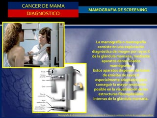 CANCER DE MAMA
DIAGNOSTICO
MAMOGRAFIA DE SCREENING
La mamografía o mastografía
consiste en una exploración
diagnóstica de imagen por rayos X
de la glándula mamaria, mediante
aparatos denominados
mamógrafos.
Estos aparatos disponen de tubos
de emisión de rayos X
especialmente adaptados para
conseguir la mayor resolución
posible en la visualización de las
estructuras fibroepiteliales
internas de la glándula mamaria.
Mamografía & ultrasonido en patología de mama, dr. Francisco montoya, instituto de cancerologia colima
 