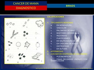 CANCER DE MAMA
DIAGNOSTICO
BIRADS
CALCIFICACIONES
A. TIPICAMENTE BENIGNAS
a. EN MONDADURA
b. VASCULAR
c. PALOMITAS DE MAIZ
d. BASTONES GRANDES
e. REDONDAS
f. PUNTIFORMES
g. EN SALPICADURA DE CAL
h. EN CASCARA DE HUEVO
I. DISTROFICAS
j. EN SUTURA
B. INTERMEDIAS
C. CON MAYOR SOSPECHA DE MALIGNIDAD
a. PLEOMORFICAS
b. FINAS, DELGADAS, LINEALES CON
RAMIFICACION
Mamografía & ultrasonido en patología de mama, dr. Francisco montoya, instituto de cancerologia colima
 