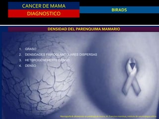 CANCER DE MAMA
DIAGNOSTICO
BIRADS
1. GRASO
2. DENSIDADES FIBROGLANDULARES DISPERSAS
3. HETEROGÉNEMENTE DENSO
4. DENSO
DENSIDAD DEL PARENQUIMA MAMARIO
Mamografía & ultrasonido en patología de mama, dr. Francisco montoya, instituto de cancerologia colima
 