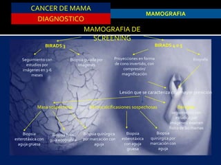 CANCER DE MAMA
DIAGNOSTICO
MAMOGRAFIA
MAMOGRAFIA DE
SCREENING
BIRADS 3 BIRADS 4 o 5
Seguimiento con
estudios por
imágenes en 3-6
meses
Biopsia guiada por
imágenes
EcografíaProyecciones en forma
de cono invertido, con
compresión/
magnificación
Lesión que se caracteriza con mayor presición
Masa sospechosa Microcalcificasiones sospechosas Benigna:
seguimiento con
estudios por
imágenes/ examen
físico de las mamas
Biopsia
esterotáxica con
aguja gruesa
Biopsia bajo
guía ecografica
Biopsia quirúrgica
por marcación con
aguja
Biopsia
esterotáxica
con aguja
gruesa
Biopsia
quirúrgica por
marcación con
aguja
 