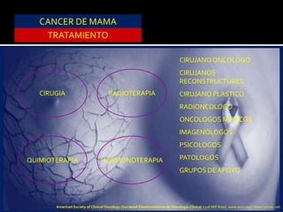 CANCER DE MAMA
TRATAMIENTO
CIRUGIA
HORMONOTERAPIAQUIMIOTERAPIA
RADIOTERAPIA
CIRUJANOONCOLOGO
CIRUJANOS
RECONSTRUCTURES
CIRUJANO PLASTICO
RADIONCOLOGO
ONCOLOGOS MEDICOS
IMAGENÓLOGOS
PSICOLOGOS
PATOLOGOS
GRUPOS DE APOYO
American Society of Clinical Oncology (Sociedad Estadounidense de Oncología Clínica) 2318 Mill Road, www.asco.org | www.cancer.net.
 