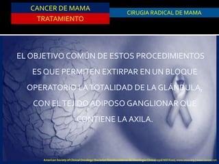 CANCER DE MAMA
TRATAMIENTO
CIRUGIA RADICAL DE MAMA
EL OBJETIVO COMÚN DE ESTOS PROCEDIMIENTOS
ES QUE PERMITEN EXTIRPAR EN UN BLOQUE
OPERATORIO LATOTALIDAD DE LA GLÁNDULA,
CON ELTEJIDO ADIPOSO GANGLIONAR QUE
CONTIENE LA AXILA.
American Society of Clinical Oncology (Sociedad Estadounidense de Oncología Clínica) 2318 Mill Road, www.asco.org | www.cancer.net.
 