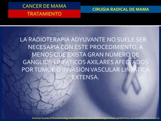 CANCER DE MAMA
TRATAMIENTO
CIRUGIA RADICAL DE MAMA
LA RADIOTERAPIA ADYUVANTE NO SUELE SER
NECESARIA CON ESTE PROCEDIMIENTO, A
MENOS QUE EXISTA GRAN NÚMERO DE
GANGLIOS LINFÁTICOS AXILARES AFECTADOS
PORTUMOR O INVASIÓNVASCULAR LINFÁTICA
EXTENSA.
American Society of Clinical Oncology (Sociedad Estadounidense de Oncología Clínica) 2318 Mill Road, www.asco.org | www.cancer.net.
 