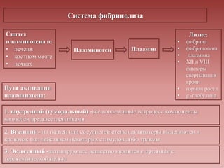 Система фибринолиза
Синтез
плазминогена в:
• печени
• костном мозге
• почках
Плазминоген Плазмин
Пути активации
плазминогена:
Лизис:
• фибрина
• фибриногена
• плазмина
• XII и VIII
факторы
свертывания
крови
• гормон роста
• g -глобулина
2. Внешний - из тканей или сосудистой стенки активаторы выделяются в
кровоток под действием некоторых стимулов либо травмы
3. Экзогенный -активирующее вещество вводится в организм с
терапевтической целью
1. внутренний (гуморальный) -все вовлеченные в процесс компоненты
являются предшественниками
 