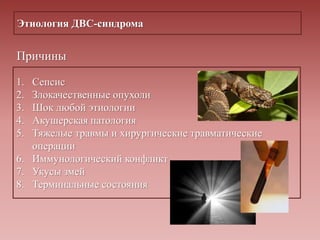 Этиология ДВС-синдрома
Причины
1. Сепсис
2. Злокачественные опухоли
3. Шок любой этиологии
4. Акушерская патология
5. Тяжелые травмы и хирургические травматические
операции
6. Иммунологический конфликт
7. Укусы змей
8. Терминальные состояния
 