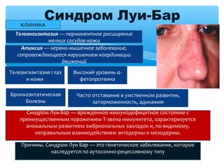 Синдром Луи-Бар
Телеангиэктазия — перманентное расширение 
мелких сосудов кожи
Атаксия — нервно-мышечное заболевание, 
сопровождающееся нарушением координации 
движений
КЛИНИКА
Телеангиэктазия глаз
и кожи
Бронхоэктатическая
болезнь
Высокий уровень α-
фетопротеина
Часто отставание в умственном развитии,
заторможенность, адинамия
Синдром Луи-Бар — врожденное иммунодефицитное состояние с
преимущественным поражением Т-звена иммунитета, характеризуется
аномальным развитием эмбриональных закладок и, по-видимому,
неправильным взаимодействием эктодермы и мезодермы.
Причины. Синдром Луи Бар — это генетическое заболевание, которое
наследуется по аутосомно-рецессивному типу
 