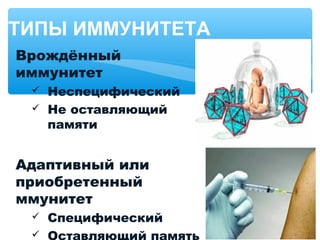 ТИПЫ ИММУНИТЕТА
Врождённый
иммунитет
 Неспецифический
 Не оставляющий
памяти
Адаптивный или
приобретенный
ммунитет
 Специфический

 