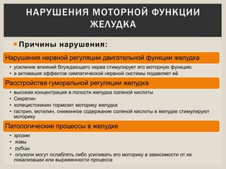  Причины нарушения:
НАРУШЕНИЯ МОТОРНОЙ ФУНКЦИИ
ЖЕЛУДКА
Нарушения нервной регуляции двигательной функции желудка
• усиление влияний блуждающего нерва стимулирует его моторную функцию
• а активация эффектов симпатической нервной системы подавляет её
Расстройства гуморальной регуляции желудка
• высокая концентрация в полости желудка соляной кислоты
• Секретин
• холецистокинин тормозят моторику желудка
• гастрин, мотилин, сниженное содержание соляной кислоты в желудке стимулируют
моторику
Патологические процессы в желудке
• эрозии
• язвы
• рубцы
• опухоли могут ослаблять либо усиливать его моторику в зависимости от их
локализации или выраженности процесса
 