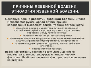 Основную роль в развитии язвенной болезни играет
Helicobacter pylori. Среди других причин
заболевания выделяют алиментарные погрешности
 нарушение режима и характера питания: длительное
употребление грубой пищи, еда всухомятку, длительные
перерывы между приёмами пищи
 нервно-психический (стрессовый) фактор
 повышение секреции желудочного сока и снижение активности
защитных факторов (мукопротеидов, бикарбонатов)
 наличие вредных привычек (курение, злоупотребление
алкоголем)
 наследственные факторы
Язвенная болезнь является результатом действия
множества взаимопотенцирующих этиологических
факторов. Наиболее значимые факторы риска приведены
на рисунке.
ПРИЧИНЫ ЯЗВЕННОЙ БОЛЕЗНИ.
ЭТИОЛОГИЯ ЯЗВЕННОЙ БОЛЕЗНИ.
 