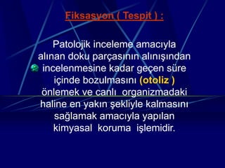 Fiksasyon ( Tespit ) :
Patolojik inceleme amacıyla
alınan doku parçasının alınışından
incelenmesine kadar geçen süre
içinde bozulmasını (otoliz )
önlemek ve canlı organizmadaki
haline en yakın şekliyle kalmasını
sağlamak amacıyla yapılan
kimyasal koruma işlemidir.
 
