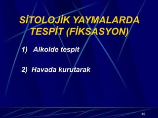 40
SİTOLOJİK YAYMALARDA
TESPİT (FİKSASYON)
1) Alkolde tespit
2) Havada kurutarak
 