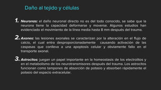Daño al tejido y células
1. Neuronas: el daño neuronal directo no es del todo conocido, se sabe que la
neurona tiene la capacidad deformarse y moverse. Algunos estudios han
evidenciado el movimiento de la línea media hasta 8 mm después del trauma.
2.Axones: las lesiones axonales se caracterizan por la alteración en el flujo de
calcio, el cual entra desproporcionadamente causando activación de las
caspasas que conlleva a una apoptosis celular y obviamente fallo en el
transporte axonal.
3.Astrocitos: juegan un papel importante en la homeostasis de los electrolitos y
en el metabolismo de los neurotransmisores después del trauma. Los astrocitos
funcionan como tampones de absorción de potasio y absorben rápidamente el
potasio del espacio extracelular.
 