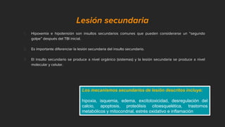 Lesión secundaria
1. Hipoxemia e hipotensión son insultos secundarios comunes que pueden considerarse un “segundo
golpe” después del TBI inicial.
2. Es importante diferenciar la lesión secundaria del insulto secundario.
3. El insulto secundario se produce a nivel orgánico (sistemas) y la lesión secundaria se produce a nivel
molecular y celular.
Los mecanismos secundarios de lesión descritos incluye:
hipoxia, isquemia, edema, excitotoxicidad, desregulación del
calcio, apoptosis, proteólisis citoesquelética, trastornos
metabólicos y mitocondrial, estrés oxidativo e inflamación
 