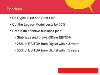 Priorities
●
Be Digital First and Print Last
●
Cut the Legacy Model costs by 50%
●
Create an effective business plan:
●
St...