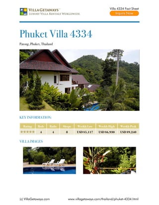 Villa 4334 Fact Sheet




Phuket Villa 4334
Patong, Phuket, Thailand




KEY INFORMATION:

  Rating     Beds    Baths   Sleeps      Weekly Low    Weekly High   Weekly Peak
              4         4      8        USD $5,117     USD $6,930    USD $9,240


VILLA IMAGES




(c) VillaGetaways.com              www.villagetaways.com/thailand/phuket-4334.html
 