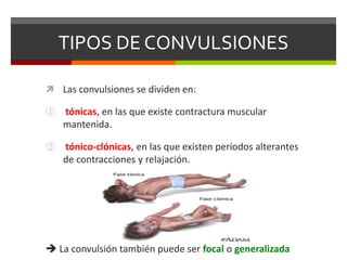 TIPOS DE CONVULSIONES
 Las convulsiones se dividen en:
①

tónicas, en las que existe contractura muscular
mantenida.

②

tónico-clónicas, en las que existen períodos alterantes
de contracciones y relajación.

 La convulsión también puede ser focal o generalizada

 