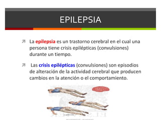 EPILEPSIA
 La epilepsia es un trastorno cerebral en el cual una

persona tiene crisis epilépticas (convulsiones)
durante un tiempo.


Las crisis epilépticas (convulsiones) son episodios
de alteración de la actividad cerebral que producen
cambios en la atención o el comportamiento.

 