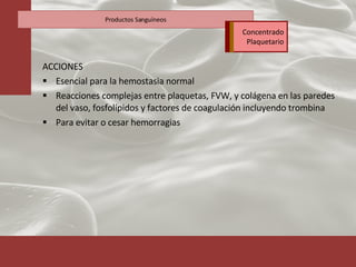 ACCIONES Esencial para la hemostasia normal Reacciones complejas entre plaquetas, FVW, y colágena en las paredes del vaso, fosfolípidos y factores de coagulación incluyendo trombina Para evitar o cesar hemorragias Productos Sanguíneos Concentrado Plaquetario 