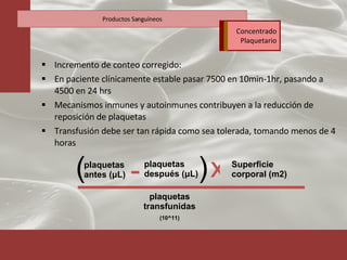 Incremento de conteo corregido: En paciente clínicamente estable pasar 7500 en 10min-1hr, pasando a 4500 en 24 hrs Mecanismos inmunes y autoinmunes contribuyen a la reducción de reposición de plaquetas Transfusión debe ser tan rápida como sea tolerada, tomando menos de 4 horas Productos Sanguíneos plaquetas antes (μL) ( Superficie corporal (m2) plaquetas transfunidas (10^11) - plaquetas después (μL) ) x Concentrado Plaquetario 