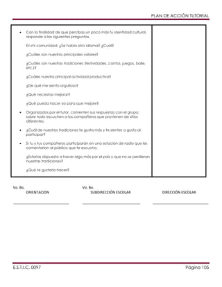 PLAN DE ACCIÓN TUTORIAL

Con la finalidad de que percibas un poco más tu identidad cultural,
responde a las siguientes preguntas.
En mi comunidad: ¿Se habla otro idioma? ¿Cuál?
¿Cuáles son nuestros principales valores?
¿Cuáles son nuestras tradiciones (festividades, cantos, juegos, baile,
etc.)?
¿Cuáles nuestra principal actividad productiva?
¿De qué me siento orgulloso?
¿Qué necesitas mejorar?
¿Qué pueda hacer yo para que mejore?
Organizados por el tutor, comenten sus respuestas con el grupo;
sobre todo escuchen a los compañeros que provienen de sitios
diferentes.
¿Cuál de nuestras tradiciones te gusta más y te sientes a gusto al
participar?
Si tu y tus compañeros participarán en una estación de radio que les
comentarían al público que te escucha.
¿Estarías dispuesto a hacer algo más por el país y que no se perdieran
nuestras tradiciones?
¿Qué te gustaría hacer?

Vo. Bo.
ORIENTACION
____________________________

E.S.T.I.C. 0097

Vo. Bo.
SUBDIRECCIÓN ESCOLAR
_____________________________

DIRECCIÓN ESCOLAR
____________________________

Página 105

 